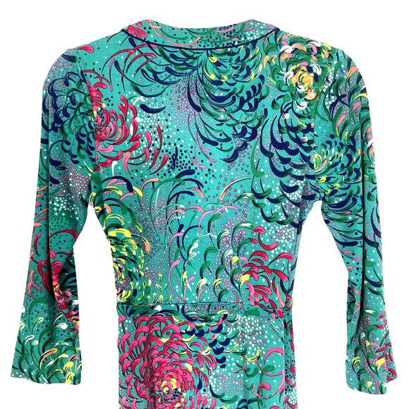 BCBGMaxazria Teal, Floral Wrap Dress, size XS, 95% Polyester & 5% Spandex - Picture 9 of 14